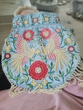 Beaded Embroidered Blue Floral & Bird Evening Bag With Lots Of Pearl Beading